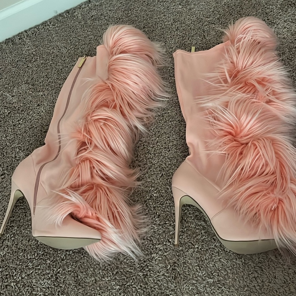 Faux-Fur Trim Over-the-Knee Stiletto Boots in Blush Pink Brand new. No box